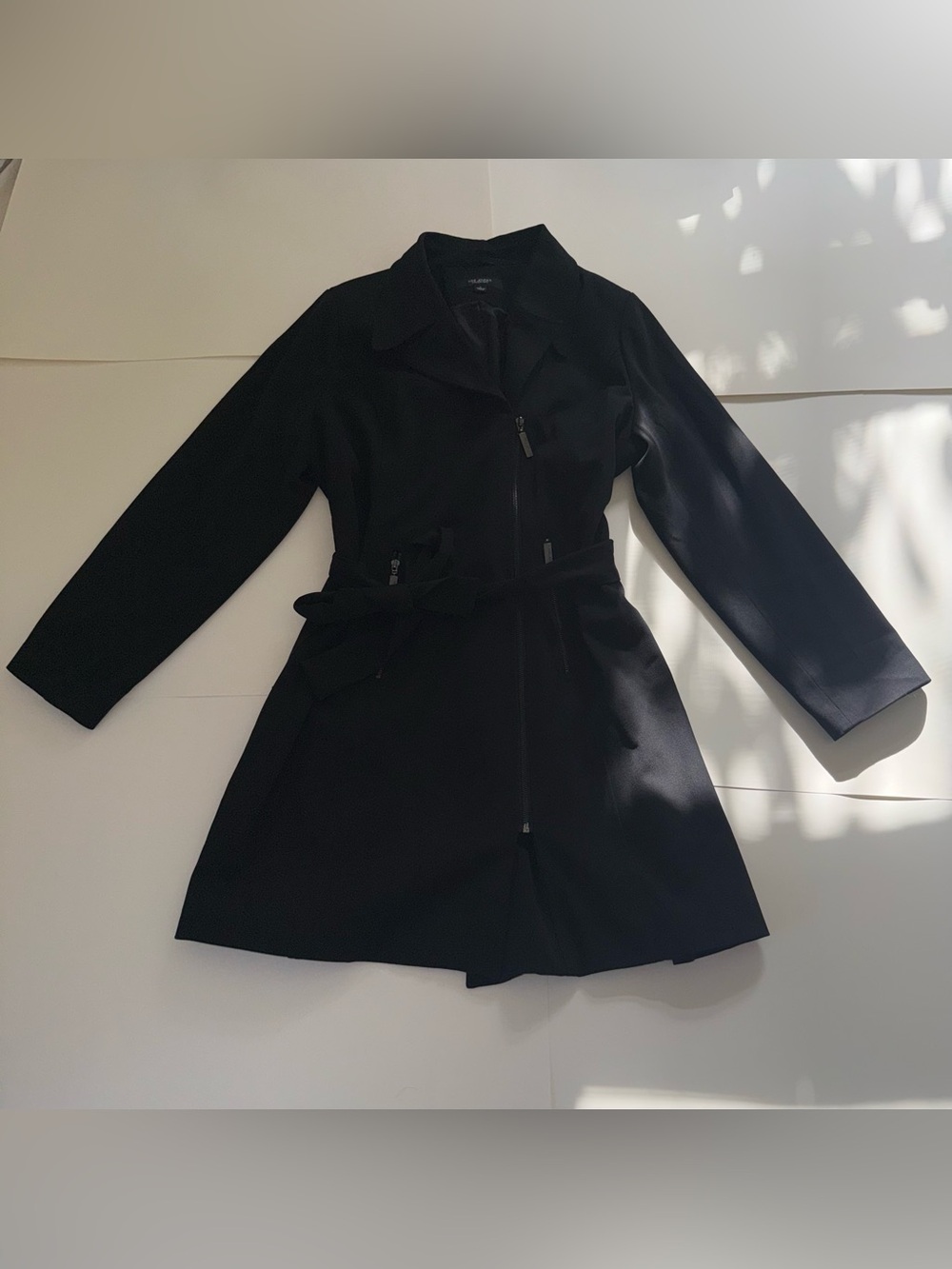 Kris Jenner Kollection Black Zip Front Belted Trench Coat Quiet Luxury Chic L
